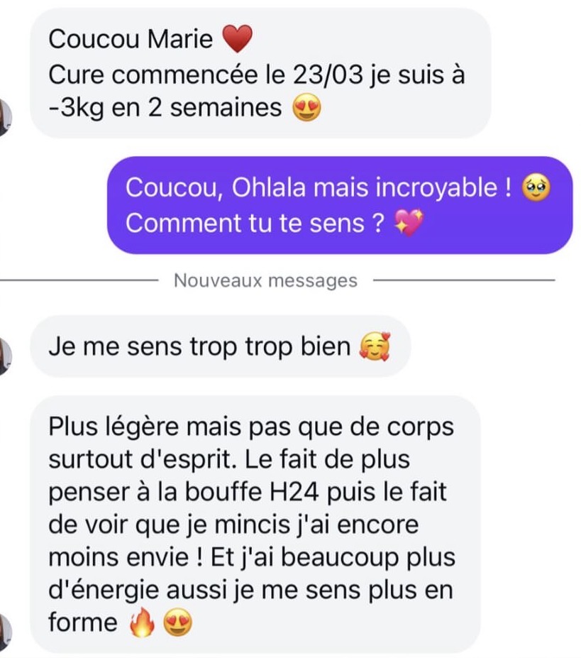 Capture d’un échange avec une cliente : elle rapporte une perte de 3 kg en deux semaines, moins de pensées tournées vers la nourriture et davantage d’énergie.