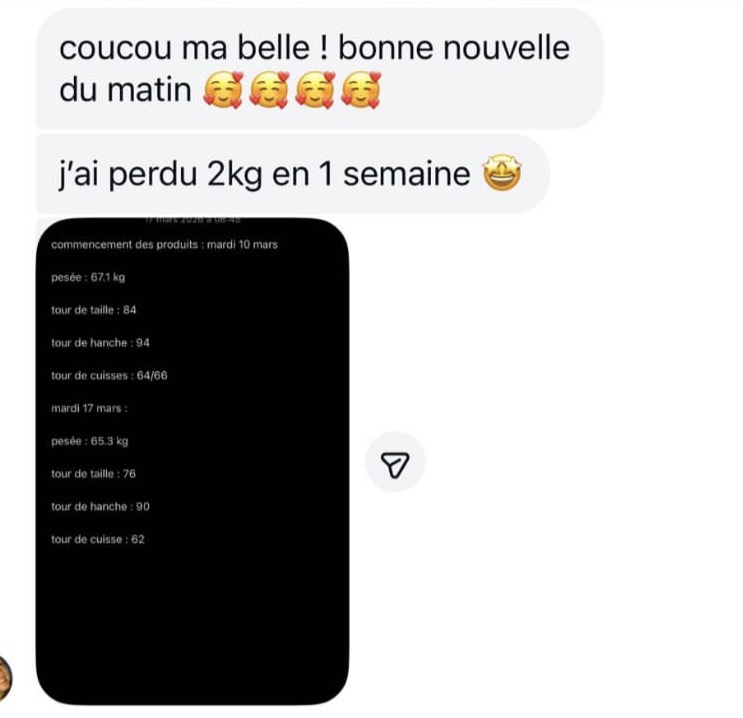 Capture du message et des notes de mensurations d’une cliente : le poids indiqué passe de 67,1 à 65,3 kg, le tour de taille de 84 à 76 cm et les hanches de 94 à 90 cm.